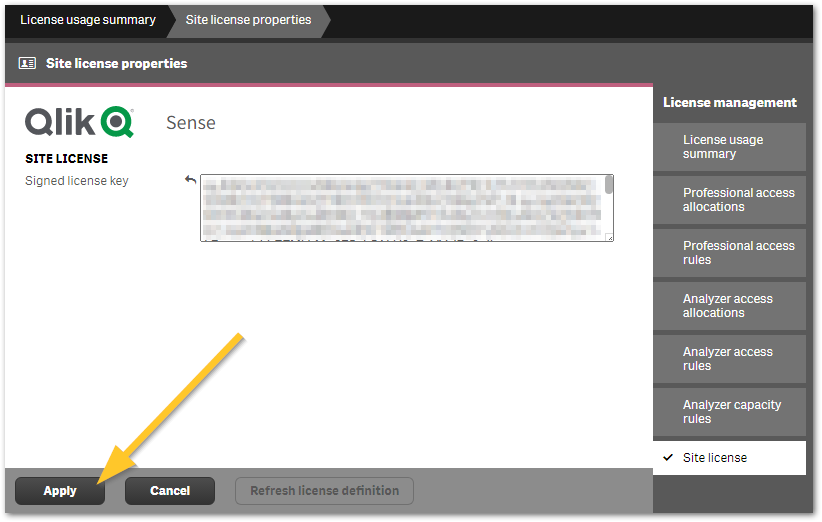 Example of "Apply License" in Qlik Sense Enterprise on Windows