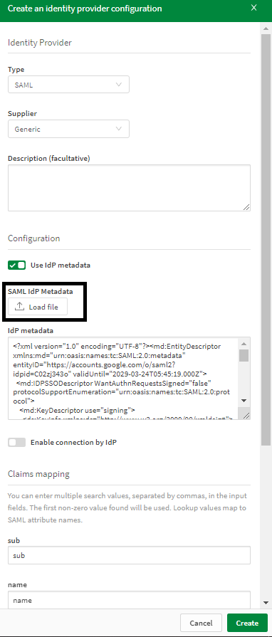 Configuring IDP in Qlik Cloud with Metadata file and checking attributes mappings
