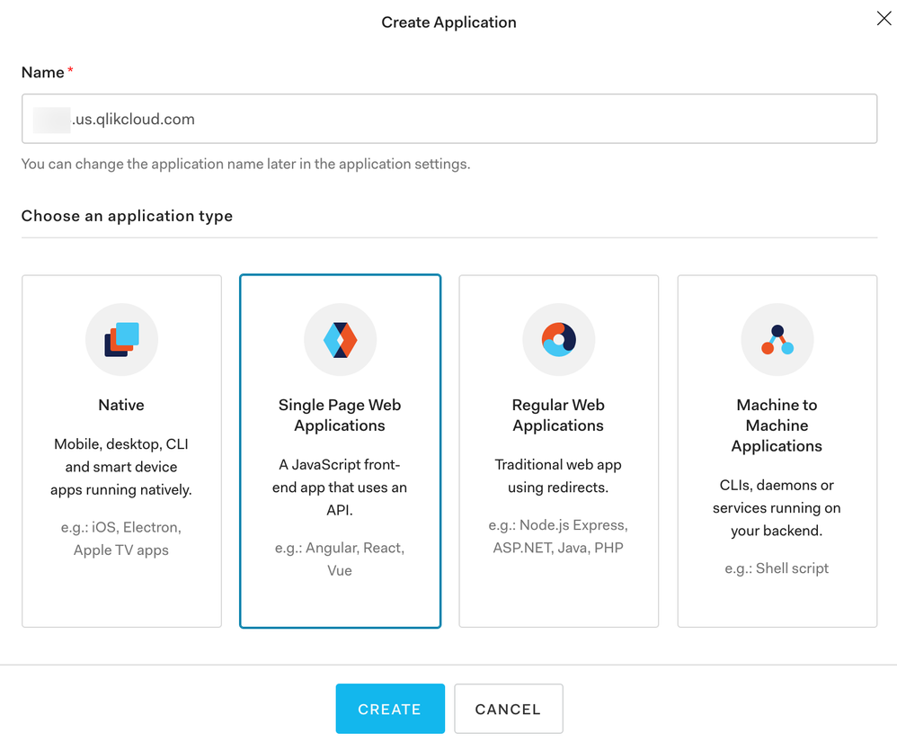 Auth0 Create Application Form