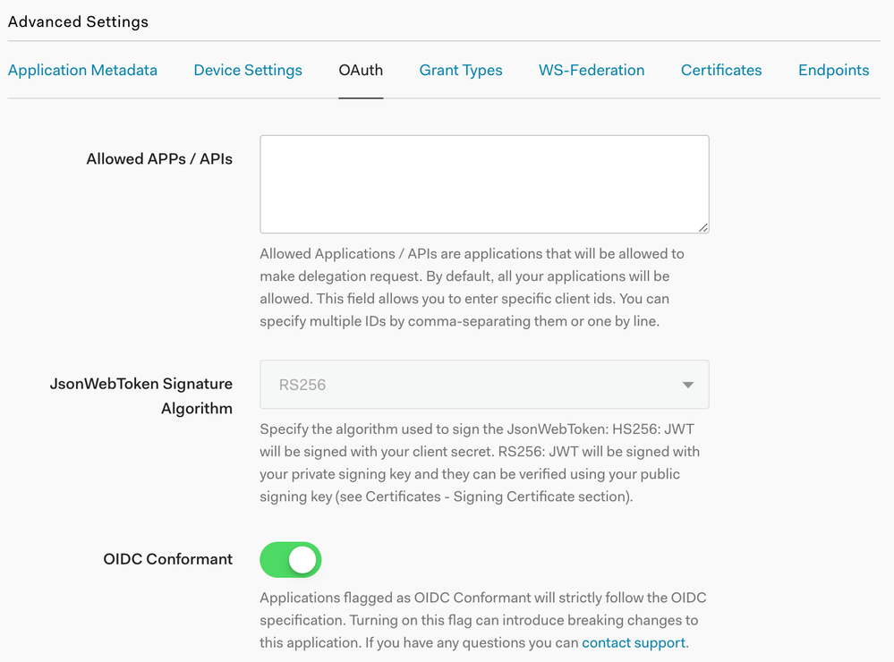 Advanced Settings OAuth tab