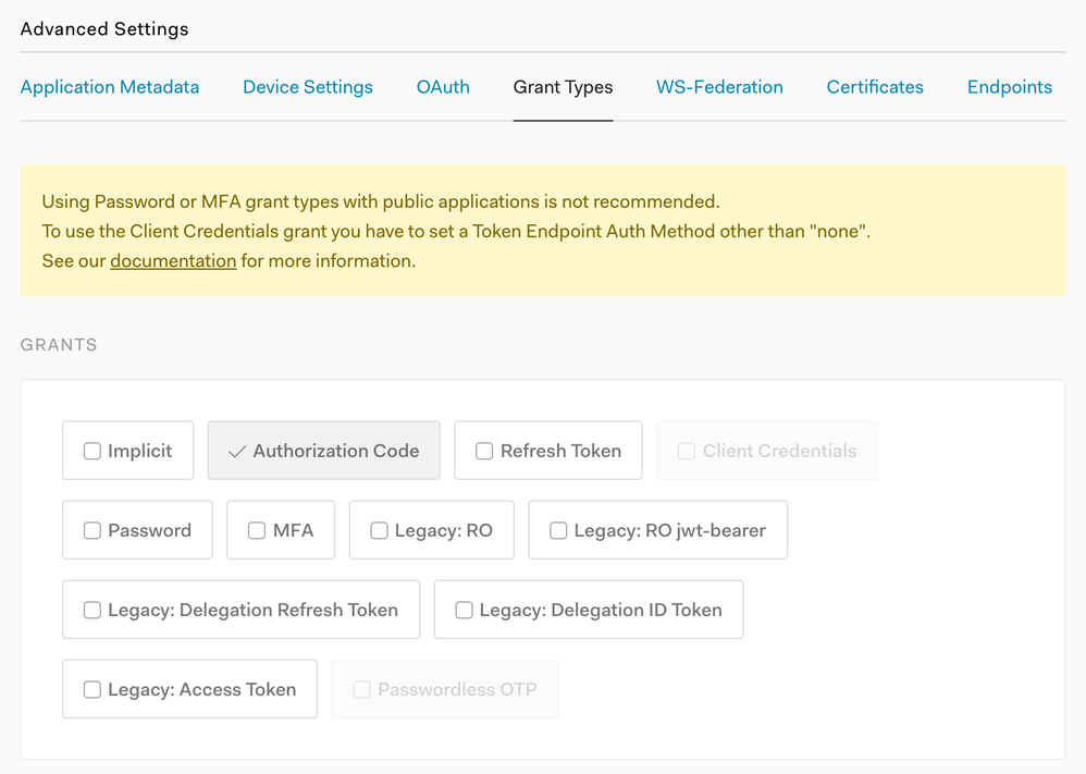 Advanced Settings Grant Types tab