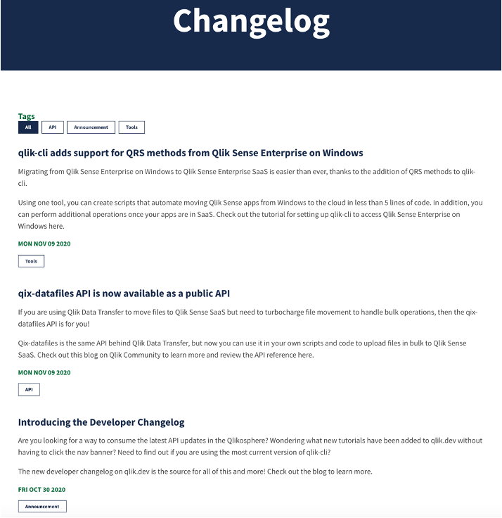 A screenshot of the qlik.dev developer changelog