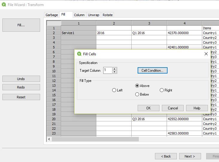 Step 3. Fill empty cells with above values in columns 1-4