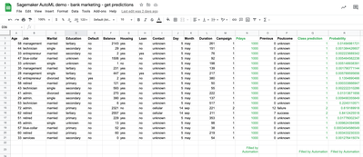 Google Sheet with predictions in green added by automation