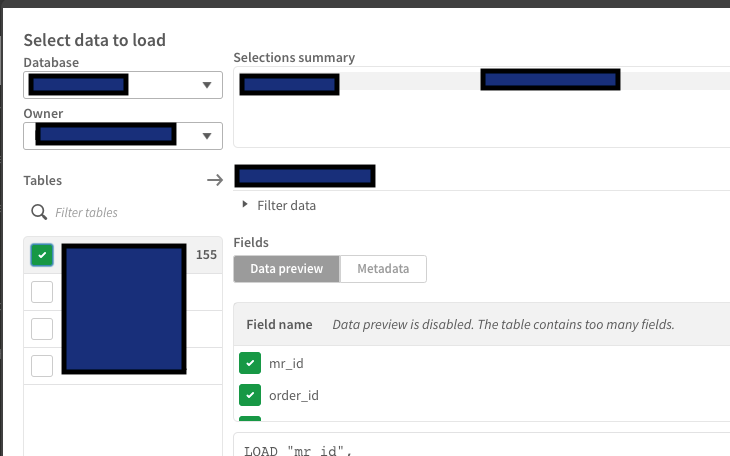 Screenshot of dataselection in Data load editor