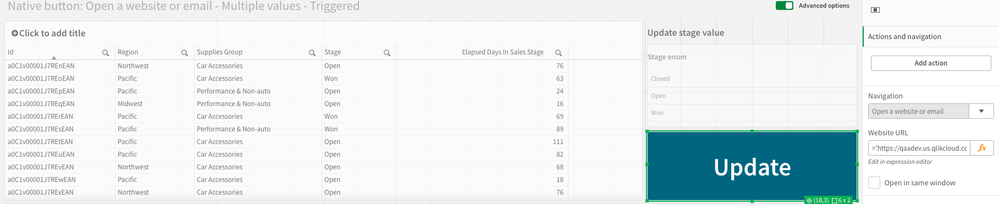 Example Qlik Sense Sheet with a button triggering an automation using the 'open website' option