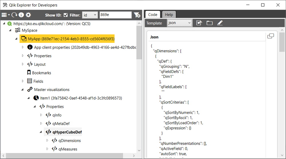 The json template makes it possible to navigate properties and layout definitions.